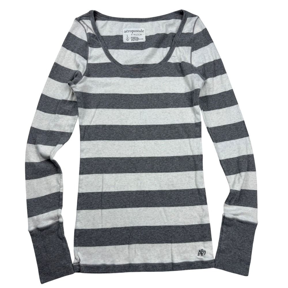 VTG Y2K Aeropostale Grey White Striped Long Sleeve Scoop Neck Stretch Top Large